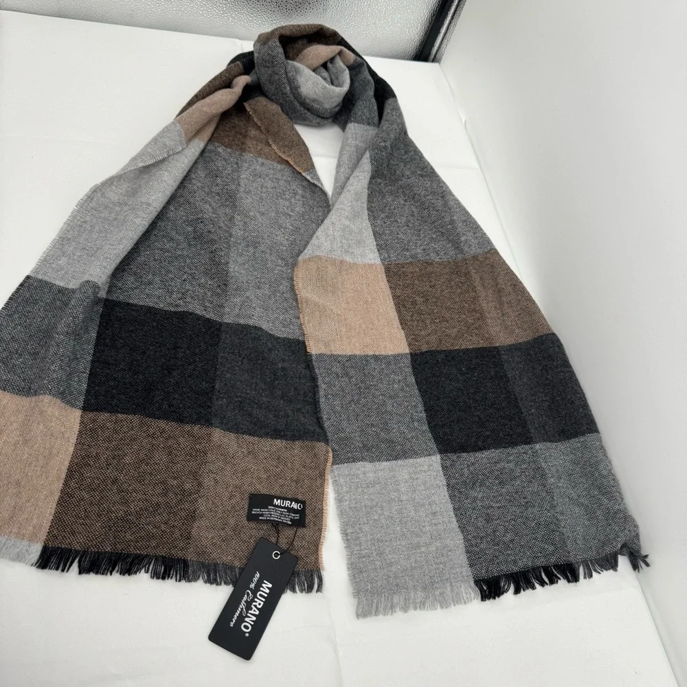 MWT MURANO 100% Cashmere Fringed Scarf Muffler Plaid 13 X 70”
